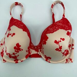 Victoria's Secret Bra Women 32DD Red Beige Floral Lace Lined Perfect Coverage